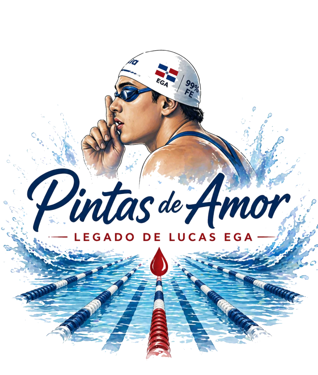 Logotipo de la Fundación Pintas de Amor: ilustración de Lucas Ega con gorra de la bandera dominicana sobre carriles de piscina, con una gota de sangre roja.